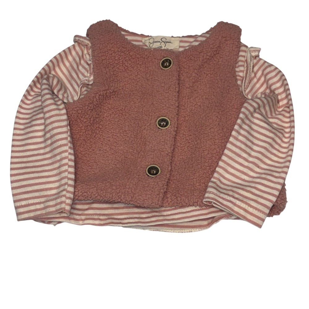 Jessica Simpson Baby Girls Pink Sherpa Vest Layered Striped Long Sleeve Top 12M